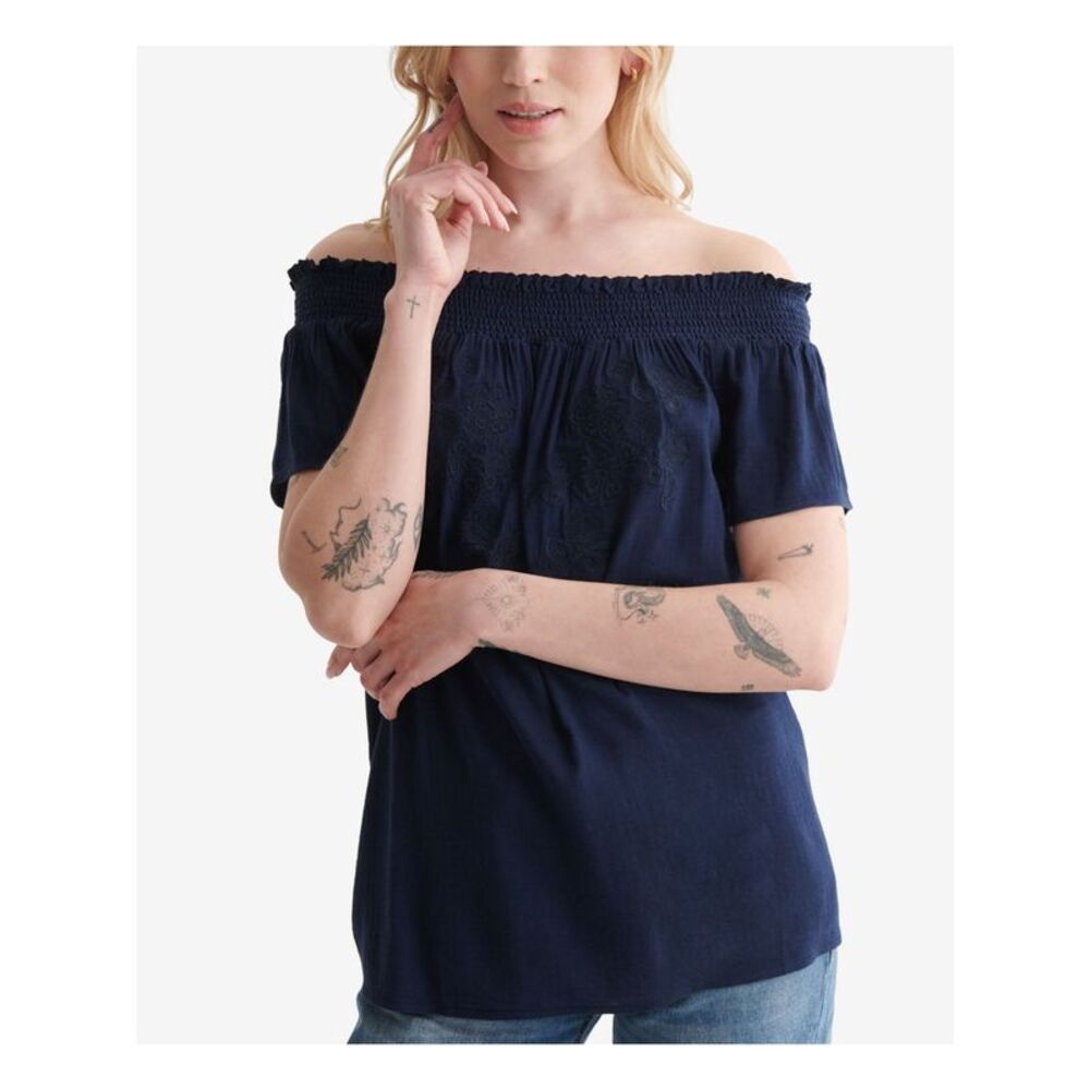LUCKY BRAND Womens Navy Ruffled Sheer Smocked Short Sleeve Off Shoulder Top S - Picture 1 of 4